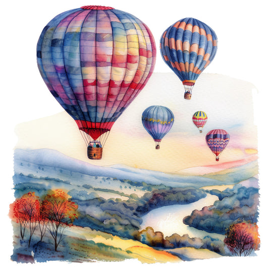 hot air balloons, watercolor style, landscape scene, rolling hills, autumn trees, misty mountains, fabric panel, quilting cotton, blue sky, colorful balloons, scenic vista, peaceful countryside, soft pastels, artistic illustration, nature scene, balloon festival, dreamy atmosphere, layered mountains, fall foliage, whimsical design