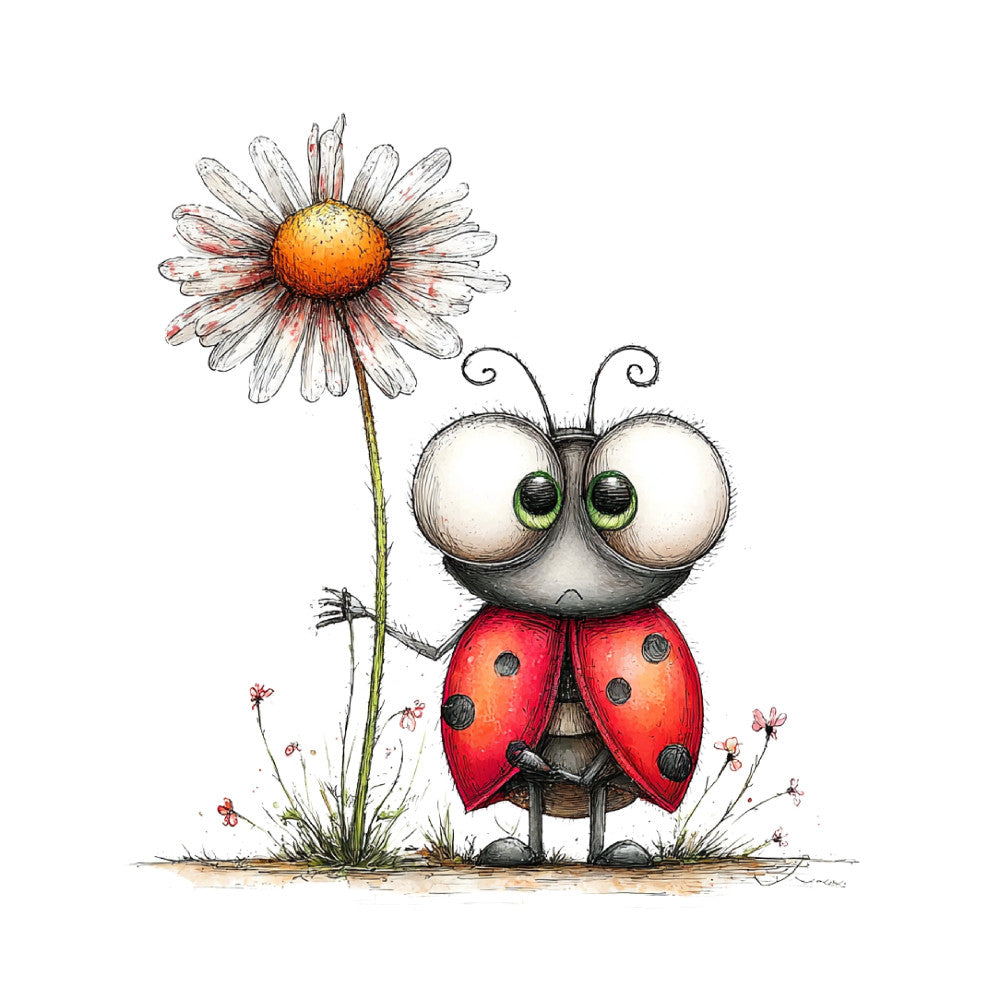 ladybug, red and white, orange flower, whimsical, cute insects, nature, spring, children's fabric, animal print, daisy, botanical, playful, storybook, character panel, green eyes, garden theme, soft colors, illustrated, charming, kid-friendly, creature design, floral and animal, innocent style, bright red, cream white, sweet design, nursery fabric, woodland creatures, decorative panel
