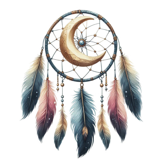 dreamcatcher, moon, celestial, feathers, bohemian, whimsical, mystical, boho, spiritual, night sky, teal blue, dusty blue, rose pink, cream, bronze, earth tones, nature-inspired, indigenous, tribal, rustic, elegant, decorative, wall hanging, home decor, mandala, beaded details, stars, spiritual protection, dreamy, ethereal