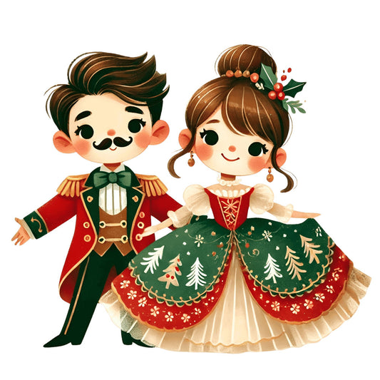 christmas, holiday, vintage, whimsical, festive, couple, romantic, elegant, forest green, red, cream, gold, brown, nutcracker, winter, traditional, decorative, celestial, festive couple, holiday characters, classic, charming, retro, ornamental, evergreen trees, snowflakes, berries, formal wear, Victorian, nostalgic