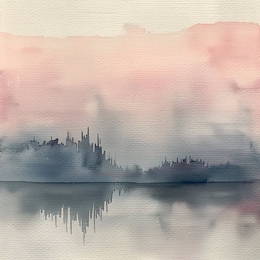watercolor cityscape, misty urban, blurred architecture, soft pink sky, dusty blue, muted tones, impressionist, abstract landscape, modern art, cityscape silhouette, foggy morning, twilight, serene, calming, peaceful, nature-inspired, contemporary, elegant, subtle, monochromatic, dusk, atmospheric, minimalist, neutral palette, soft focus, reflective water, skyline, wall art, home decor, artistic print