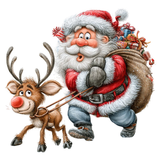 santa claus, reindeer, christmas, holiday, red, white, gray, cream, festive, whimsical, vintage, traditional, nostalgic, gift bag, presents, jolly, character design, seasonal, winter, decorative panel, children's, playful, beige, tan, folk art, illustration style, cute animals, cheerful, gift wrap inspired