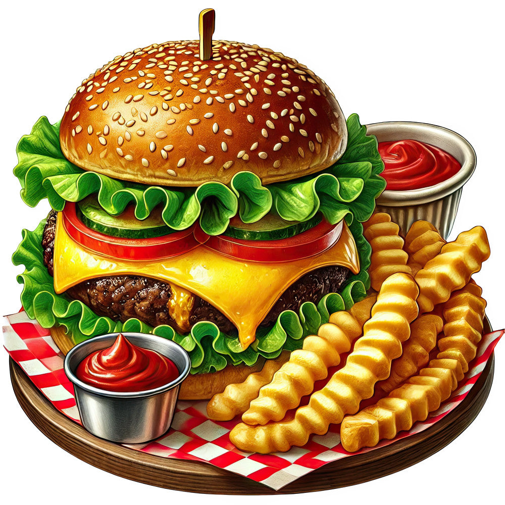 burger, hamburger, cheeseburger, fast food, food themed, sesame seeds, golden yellow, red, green lettuce, tomato, cheese, french fries, ketchup, whimsical, retro, vintage diner, americana, picnic, casual, fun, playful, kitchen decor, dining, restaurant theme, classic americana, mid-century, nostalgic, comfort food, red and white checkered, gingham