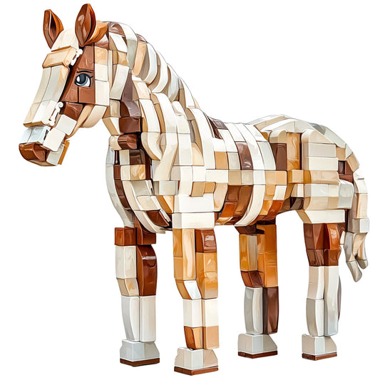 horse, building blocks, pixelated design, brown tones, cream colors, tan shades, beige hues, geometric pattern, mosaic style, fabric panel, quilting cotton, modern art, digital art style, equine subject, structured design, neutral palette, contemporary, craft fabric, sewing material, animal motif