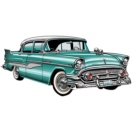 turquoise, teal, mint green, chrome silver, white wall tires, 1950s car, vintage automobile, retro car, classic car, mid-century modern, nostalgic, americana, vintage americana, cars, vehicles, transportation, chrome details, whitewall tires, rockabilly, 50s style, retro style, vintage style, two-tone paint, metallic finish, automotive, muscle car era, vintage transportation, novelty print, decorative panel, home decor