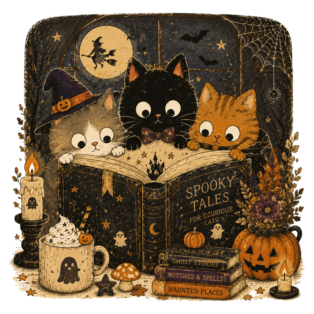 black cats, orange cats, halloween, spooky, witches, ghosts, pumpkins, moon, stars, candles, books, gold accents, cream, dark gray, whimsical, vintage, autumn, fall, celestial, magical, witch hats, cobwebs, bats, mushrooms, jack-o-lantern, curious cats, enchanted, seasonal, dark background