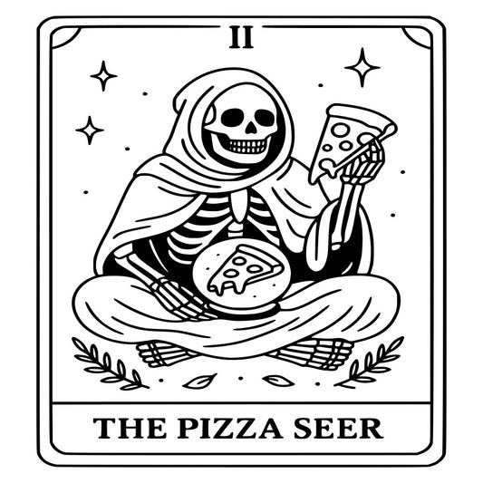 skeleton, tarot card, the pizza seer, grim reaper, death, pizza, black and white, monochrome, spooky, gothic, witchy, mystical, celestial, stars, occult, humor, funny, darkly humorous, novelty, alternative, edgy, whimsical, dark whimsy, vintage tarot, mystical theme, food humor, pizza lover, halloween, wall hanging, apparel fabric