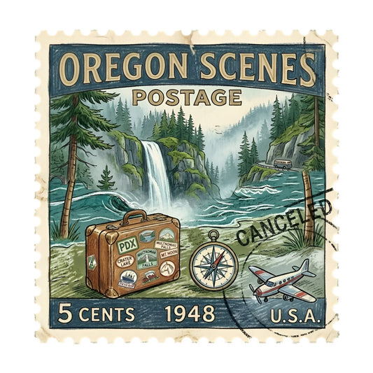 vintage oregon, postage stamp, travel theme, suitcase, compass, airplane, waterfall, forest green, cream, teal blue, nature scenery, retro 1948, vintage travel, adventure, mountains, evergreen trees, scenic landscape, rustic style, wanderlust, nostalgic, midcentury vintage, travel bag, exploration theme, transportation, whimsical vintage, outdoor adventure, nature inspired, heritage design, classic americana