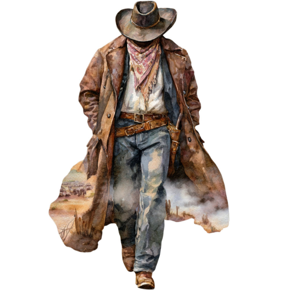 cowboy, western, rustic, vintage, brown leather, tan, dust brown, cream, slate blue, burgundy, bandana, cowboy hat, duster coat, portrait, figure, men's, americana, country, wild west, frontier, southwest, adventure, traditional, worn, weathered, dust, landscape background, boots, belt buckle, fabric panel