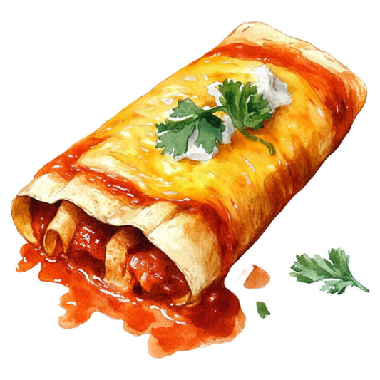 enchilada, food, mexican cuisine, red sauce, cheese, cilantro, golden brown, appetizer, savory, culinary, kitchen decor, recipe, food illustration, watercolor food, restaurant theme, southwest, mexican food, red and orange, yellow and orange, spicy, comfort food, cooking, foodie, culinary art, gourmand, hand painted, artistic food, dinner theme