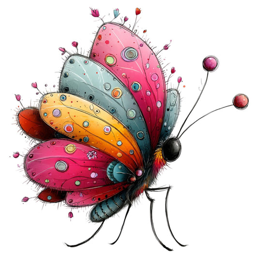 whimsical butterfly, colorful wings, pink, orange, yellow, teal blue, gray blue, red, multicolor, insect, nature, steampunk, mechanical butterfly, decorative circles, buttons, fantasy, modern, playful, spring, summer, children's, novelty print, artistic, illustration, bold colors, eye design, flowers, floral accents, bedroom decor, nursery