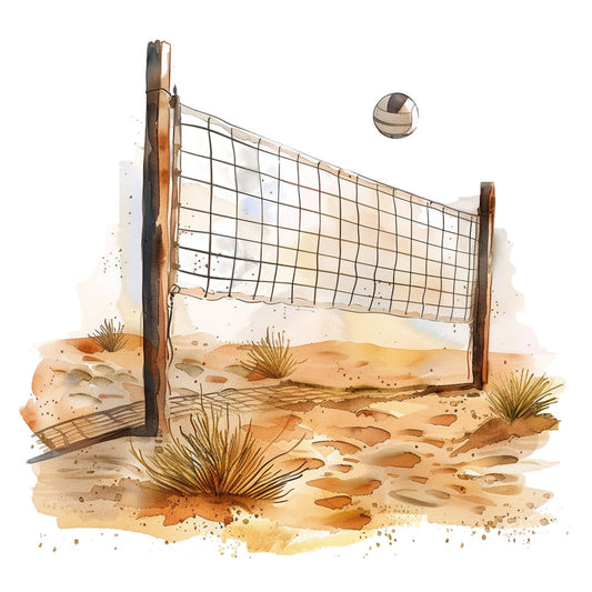beach volleyball, sand, tan, beige, cream, brown, desert, sports, outdoor games, volleyball net, seaside, coastal, summer, sandy beach, rustic, weathered wood, posts, game, recreation, sports equipment, beach scene, nature, illustration, watercolor, whimsical, casual, relaxed