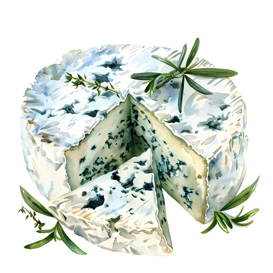 blue cheese, gorgonzola, rosemary, herb, food art, culinary, gourmet, cream white, sage green, dark blue-green, watercolor, realistic, food illustration, kitchen decor, farmhouse, rustic elegant, culinary themed, cheese board, appetizer, food and beverage, sophisticated, culinary arts, french cuisine, artisanal, gourmand, foodie, kitchen textile, table runner, modern culinary, natural elements