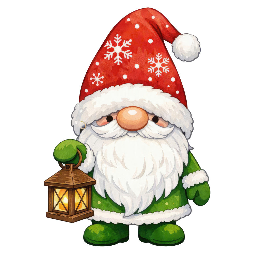christmas gnome, red hat, white beard, forest green, cream white, golden yellow, snowflakes, holiday, festive, whimsical, gnome, lantern, winter, seasonal, christmas fabric, novelty, cute, decorative, traditional, cheerful, red and green, snow-topped, rustic, country, children's, panel design, holiday decoration