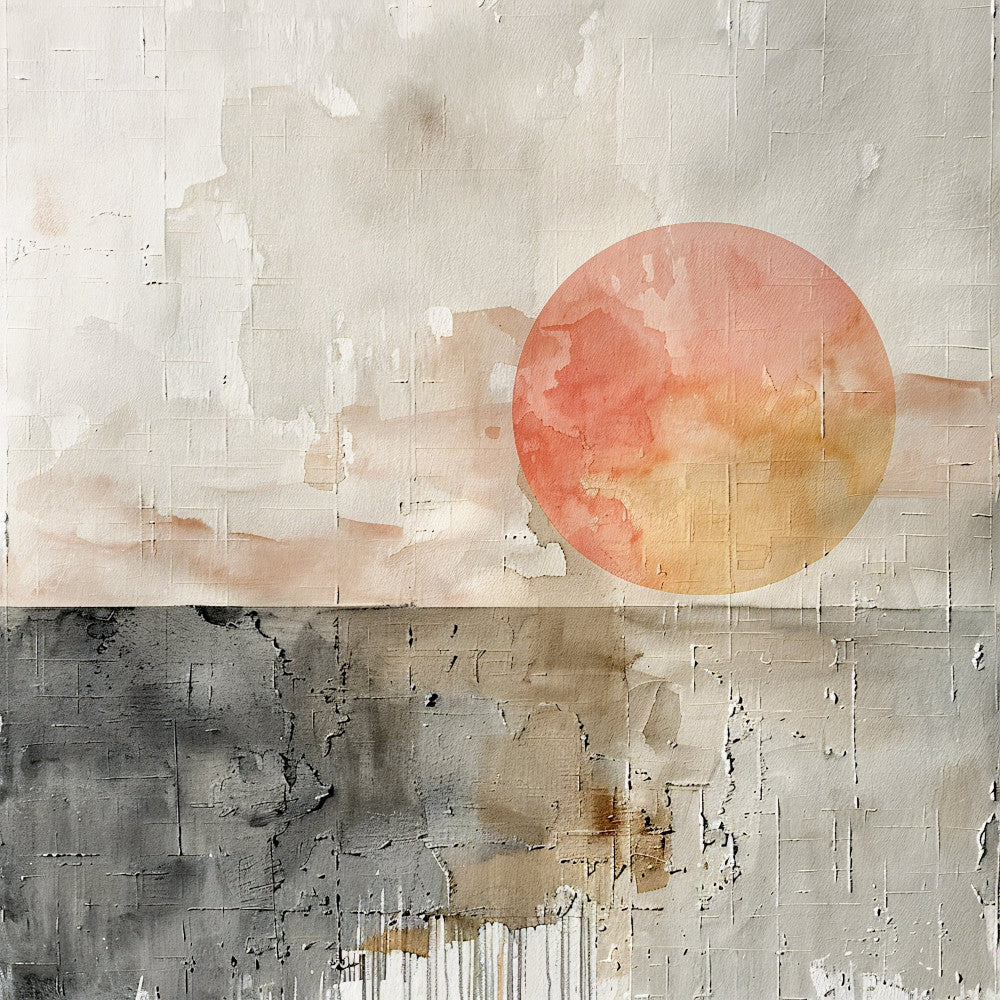 abstract, modern, minimalist, rustic, coral, peach, rust, cream, beige, taupe, charcoal grey, watercolor, sun, celestial, geometric, textured, weathered, industrial, contemporary, neutral palette, muted tones, artistic, zen, landscape, horizon, sunset, wall art, home decor, mixed media aesthetic