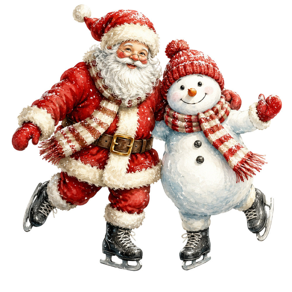santa, snowman, christmas, holiday, red, white, cream, winter, festive, ice skating, vintage, whimsical, retro, joyful, nostalgic, traditional, cheerful, striped scarf, hat with pom pom, snow scene, seasonal, december, celebration, children, playful, folk art style, kris kringle, jolly, winter sports