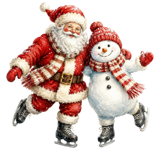 santa, snowman, christmas, holiday, red, white, cream, winter, festive, ice skating, vintage, whimsical, retro, joyful, nostalgic, traditional, cheerful, striped scarf, hat with pom pom, snow scene, seasonal, december, celebration, children, playful, folk art style, kris kringle, jolly, winter sports