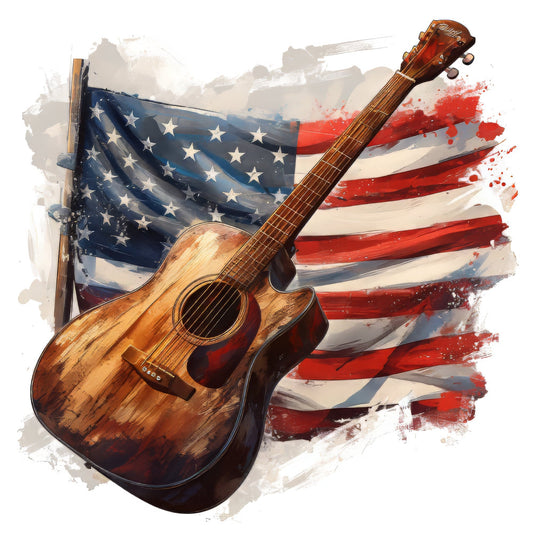 american flag, patriotic, guitar, music, acoustic guitar, americana, stars and stripes, red white blue, navy blue, cream white, rust red, watercolor, abstract, brush stroke, musical instruments, vintage, rustic, americana style, country, folk music, independence day, memorial day, fourth of july, wall art, home decor, music lover, americana themed, grunge texture