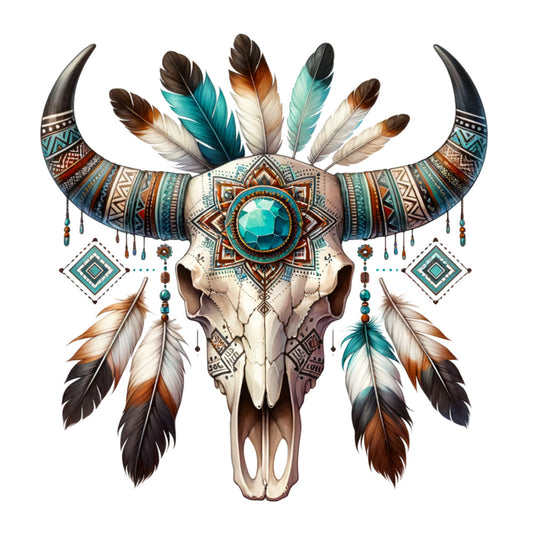 tribal skull, bull skull, feathers, turquoise, teal, brown, orange, cream, geometric patterns, native american inspired, southwestern style, dreamcatcher elements, beads, fabric panel, quilting cotton, bohemian, rustic, animal skull, decorative motifs, ethnic designs