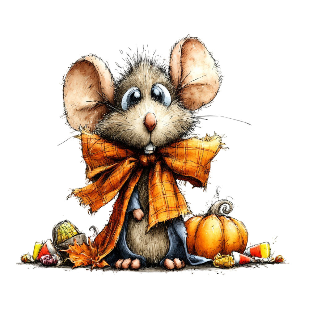 autumn mouse, fall harvest, pumpkin orange, burnt orange, cream, brown, plaid bow, whimsical animals, cute rodent, halloween, thanksgiving, fall leaves, candy corn, autumn theme, rustic style, folk art, charming character, woodland creature, seasonal decoration, harvest time, cozy fall, children's illustration, storybook style, orange plaid, autumn colors, festive mood, cottage core, traditional holiday, wall hanging, quilt panel