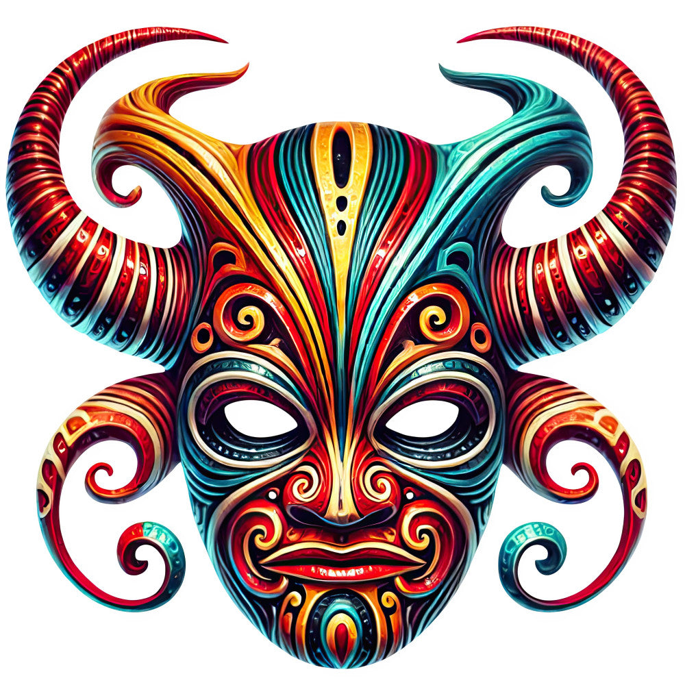 vibrant multicolor, bold red, golden yellow, turquoise, teal, deep purple, ornate mask, theatrical, masquerade, carnival, festival, cultural, abstract face, symmetrical design, decorative scrolls, spiral motifs, bohemian, whimsical, artistic, statement piece, eclectic, vibrant jewel tones, intricate patterns, wall art, home decor, art quilt, artistic expression, contemporary, eye-catching