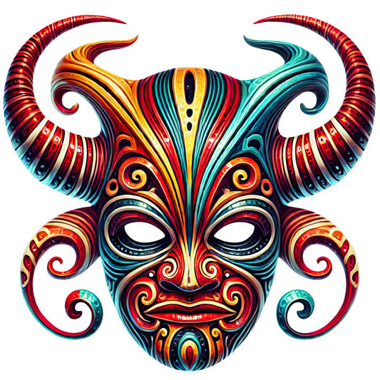 vibrant multicolor, bold red, golden yellow, turquoise, teal, deep purple, ornate mask, theatrical, masquerade, carnival, festival, cultural, abstract face, symmetrical design, decorative scrolls, spiral motifs, bohemian, whimsical, artistic, statement piece, eclectic, vibrant jewel tones, intricate patterns, wall art, home decor, art quilt, artistic expression, contemporary, eye-catching