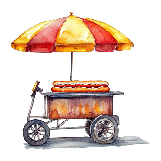 hot dog cart, red and yellow umbrella, vintage food stand, street vendor, summer, nostalgic, retro, whimsical, warm colors, golden yellow, deep red, burnt orange, food cart, carnival, fair, classic americana, mid-century, illustration style, children's, playful, fun, foodie, urban vintage, classic hot dog stand, striped umbrella, casual dining, summer food, cheerful, bright colors