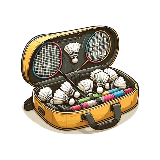 badminton, sports, yellow, gold, black, charcoal gray, white, blue, pink, magenta, green, lime green, recreational equipment, shuttlecock, rackets, athletic, hobby, whimsical, playful, vintage sports, retro, illustrated, novelty, games, leisure, active lifestyle, suitcase, travel themed, quirky, fun
