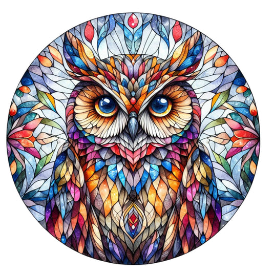 stained glass, owl, mandala, circular panel, vibrant colors, blue eyes, geometric patterns, multicolored, purple, orange, red, turquoise, symmetrical design, feathers, intricate details, kaleidoscope effect, fabric panel, quilting cotton, decorative motif, ornate design