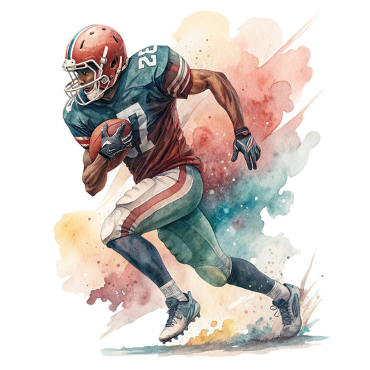 football, sports, athletic, watercolor, abstract, rust red, burgundy, teal blue, dusty teal, cream, soft colors, painted effect, splatter, watercolor splash, sports player, action pose, dynamic movement, modern, contemporary, artistic, masculine, sports themed, number 2, helmet, football uniform, striped, pastel tones, blended colors, impressionistic