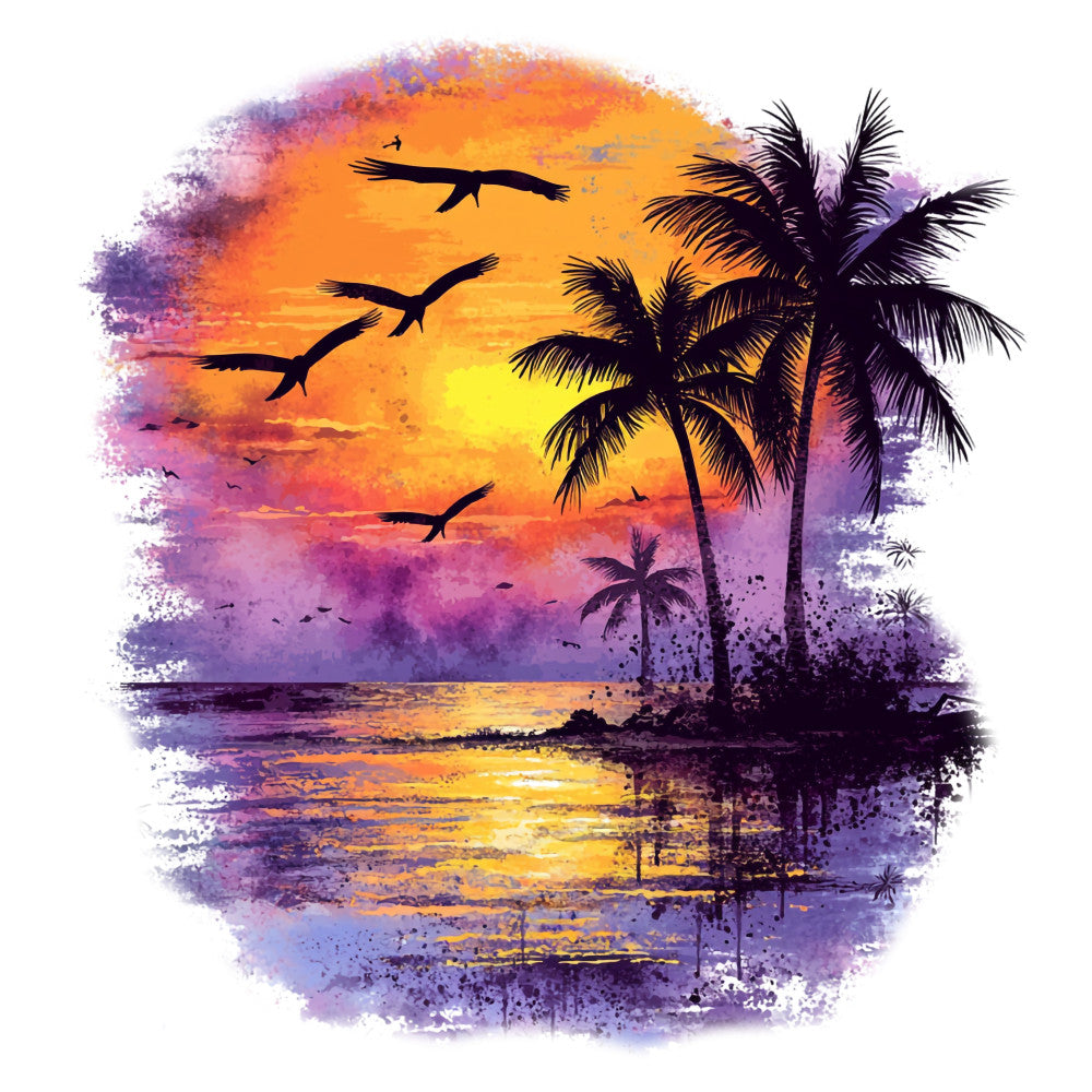tropical sunset, palm trees, seagulls, ocean scene, purple, orange, yellow, pink, watercolor style, hawaiian theme, beach landscape, birds in flight, fabric panel, quilting cotton, sunset reflection, paradise scene, coastal design, silhouette art, vibrant colors, summer motif