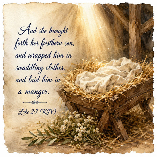 nativity, christmas, religious, spiritual, baby jesus, manger, nativity scene, luke 2:7, scripture, bible verse, cream, tan, brown, gold, white, vintage, rustic, farmhouse, traditional, elegant, botanical, floral, baby, newborn, holiday, christmas decoration, wall hanging, baby quilt, inspirational, peaceful