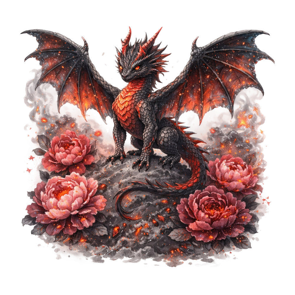 dragon, fantasy, fire, red, orange, black, coral pink, deep red, burgundy, peonies, roses, floral, celestial, stars, magical, whimsical, dark fantasy, mythical, ornate, dramatic, elegant, gothic, nature, flowers, spikes, horns, winged creature, mystical, enchanted, vibrant