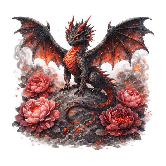 dragon, fantasy, fire, red, orange, black, coral pink, deep red, burgundy, peonies, roses, floral, celestial, stars, magical, whimsical, dark fantasy, mythical, ornate, dramatic, elegant, gothic, nature, flowers, spikes, horns, winged creature, mystical, enchanted, vibrant