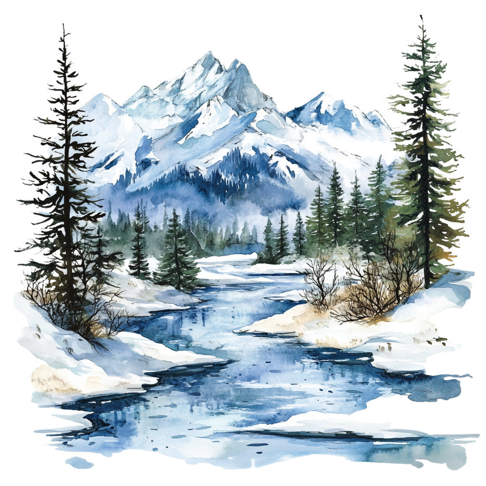 winter landscape, snow-covered mountains, evergreen trees, flowing stream, watercolor style, blue tones, white snow, forest scene, mountain peaks, fabric panel, quilting cotton, nature design, serene mood, alpine setting, coniferous trees, icy water, peaceful scenery, outdoor wilderness, cold weather theme