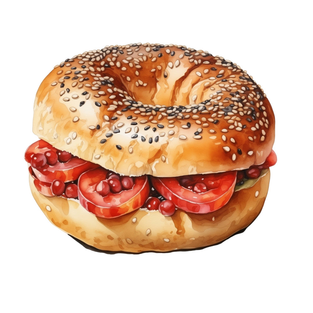 bagel, sesame seeds, poppy seeds, tomato, food, realistic, novelty, kitchen, culinary, breakfast, lunch, food art, whimsical, playful, cream, tan, red, orange, golden brown, black, food illustration, gourmet, deli, sandwich, fun, humorous, conversation starter, unique, dimensional, detailed