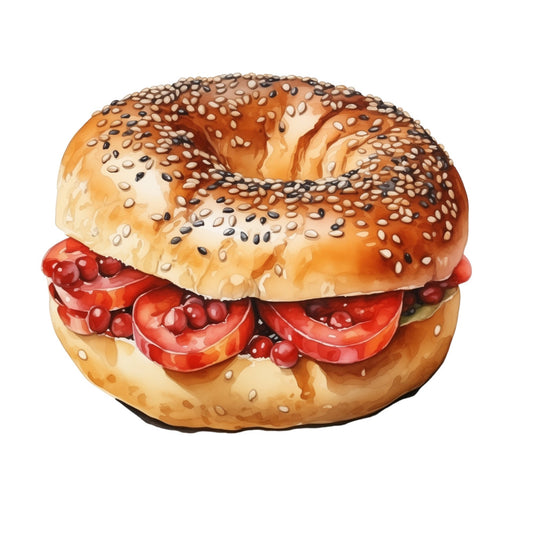 bagel, sesame seeds, poppy seeds, tomato, food, realistic, novelty, kitchen, culinary, breakfast, lunch, food art, whimsical, playful, cream, tan, red, orange, golden brown, black, food illustration, gourmet, deli, sandwich, fun, humorous, conversation starter, unique, dimensional, detailed