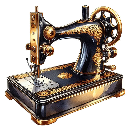 vintage sewing machine, antique sewing machine, black and gold, brass accents, ornate, decorative, steampunk, victorian, retro, nostalgic, crafting theme, sewing theme, occupational, gold filigree, ornamental scrollwork, elegant, traditional, heritage, timeless, needle and thread, craft room decor, hobby themed, collector themed, dark navy, rich gold, embellished, detailed design, textile art, historical theme