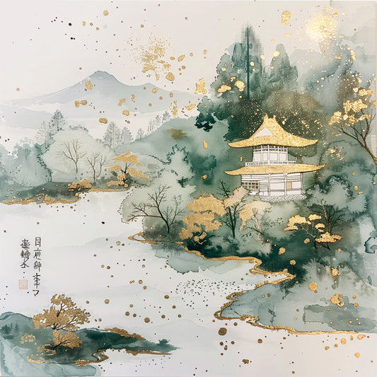 sage green, gold accents, watercolor style, japanese temple, pagoda, misty mountains, asian landscape, fabric panel, quilting cotton, serene scenery, nature scene, soft pastels, oriental art, peaceful mood, winding path, trees, hills, architectural details, artistic brushstrokes, contemplative atmosphere