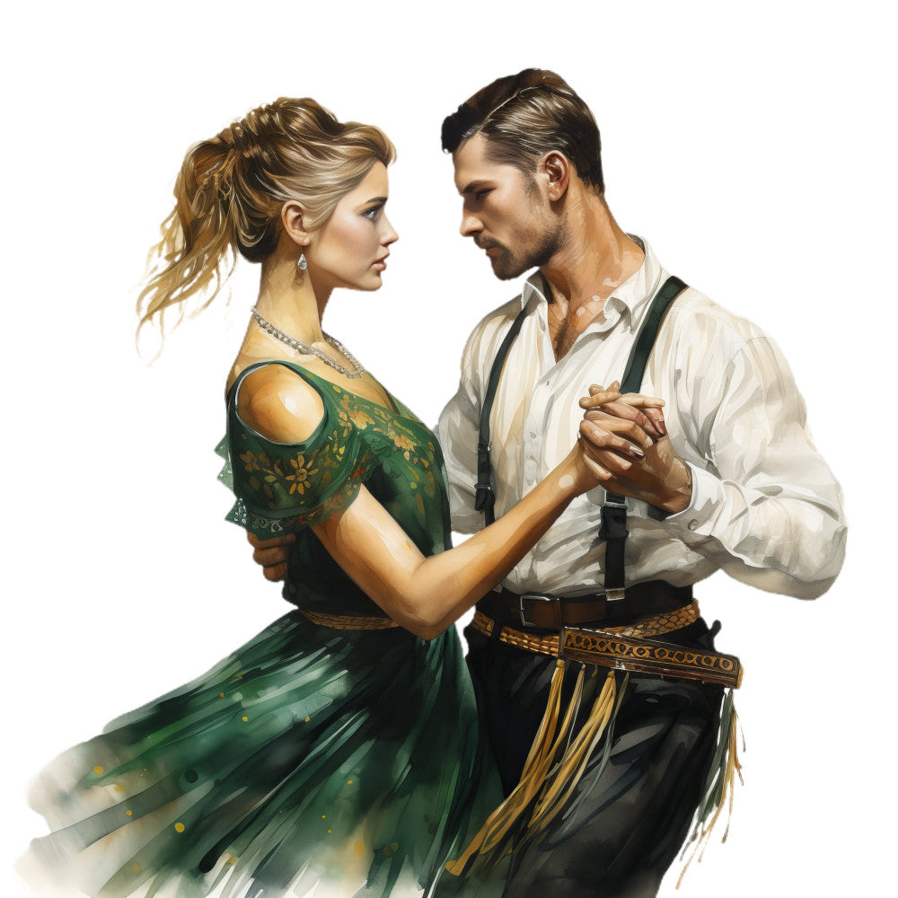 forest green, cream, gold accents, golden embroidery, traditional, vintage, romantic, elegant, couples, dancing, period costume, bavarian, folk dress, dirndl, cultural, European, heritage, historical, costume, portrait, figurative, classic, formal wear, spring, summer, romantic scene, dance