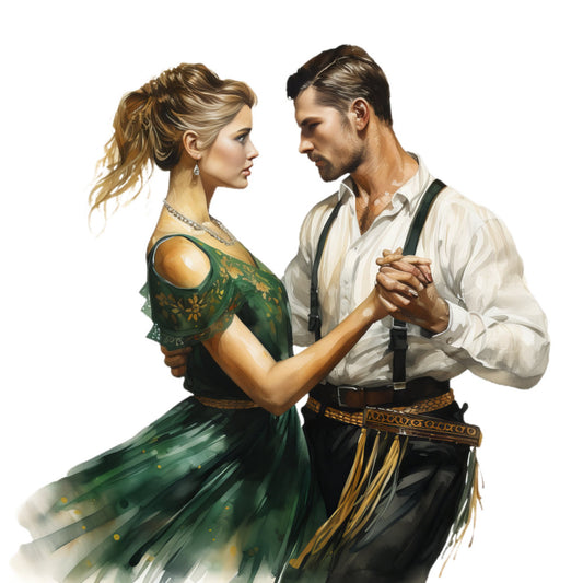 forest green, cream, gold accents, golden embroidery, traditional, vintage, romantic, elegant, couples, dancing, period costume, bavarian, folk dress, dirndl, cultural, European, heritage, historical, costume, portrait, figurative, classic, formal wear, spring, summer, romantic scene, dance