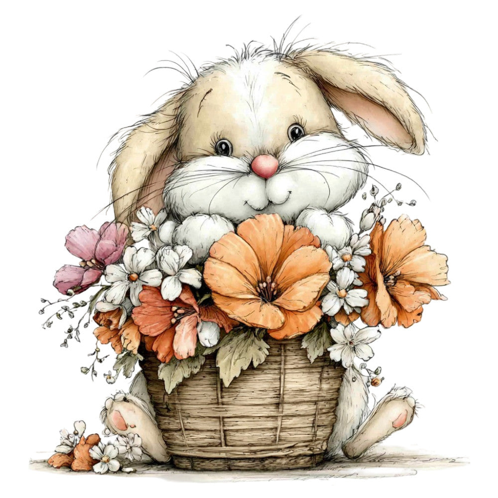 bunny, rabbit, flowers, floral, basket, cream, white, tan, beige, coral orange, peach, dusty rose, pink, whimsical, cute, animal, spring, easter, baby, children's, gentle, soft, nature, woodland, garden, daisy, poppy, sweet, charming, pastoral
