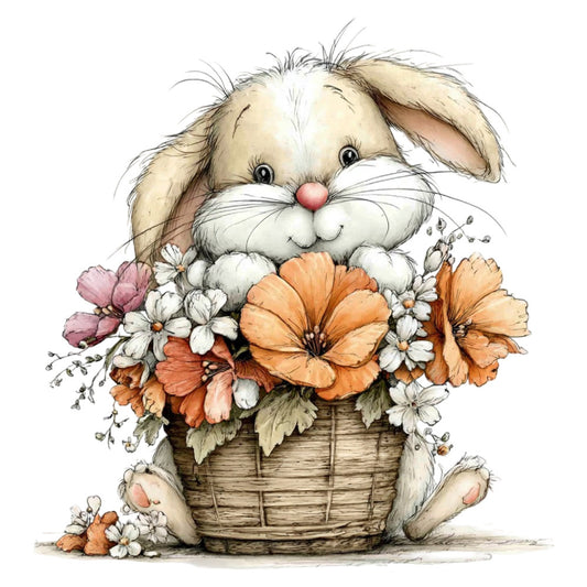 bunny, rabbit, flowers, floral, basket, cream, white, tan, beige, coral orange, peach, dusty rose, pink, whimsical, cute, animal, spring, easter, baby, children's, gentle, soft, nature, woodland, garden, daisy, poppy, sweet, charming, pastoral