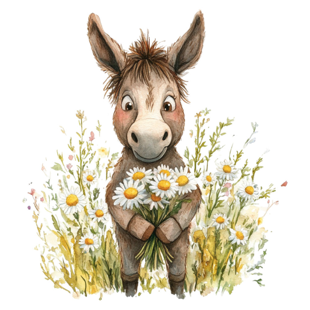 donkey, floral, daisies, animals, farmhouse, whimsical, cute, nature, spring, soft colors, tan, cream, brown, yellow, green, white, rustic, children's, baby, woodland, meadow, wildflowers, gentle, sweet, charming, pastoral, cottage core, nursery, bouquet, friendly animal