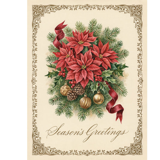 crimson red, forest green, gold, cream, poinsettia, holly, evergreen, vintage, elegant, traditional, holiday, christmas, seasonal, botanical, floral, nature, decorative ribbon, ornamental border, festive, winter, victorian, classic, formal, red flowers, green foliage, metallic accents, ornate frame, timeless, nostalgic