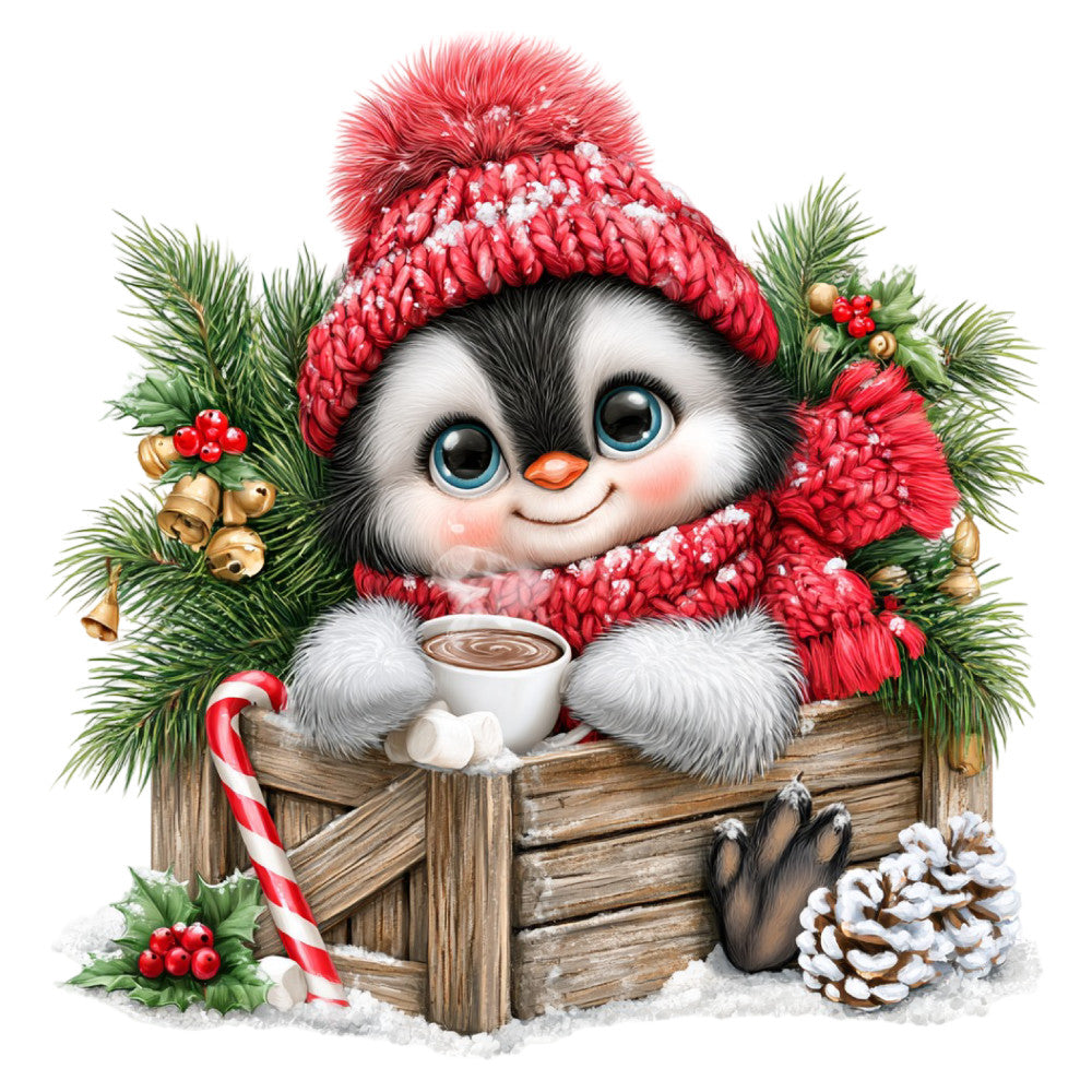 penguin, christmas, holiday, red, white, black, forest green, winter, snow, festive, cute animals, whimsical, cozy, hot chocolate, candy cane, evergreen branches, holly berries, pinecones, jingle bells, seasonal, children's, playful, decorative, snowflakes, knit hat, scarf, rustic wood, cheerful, family-friendly