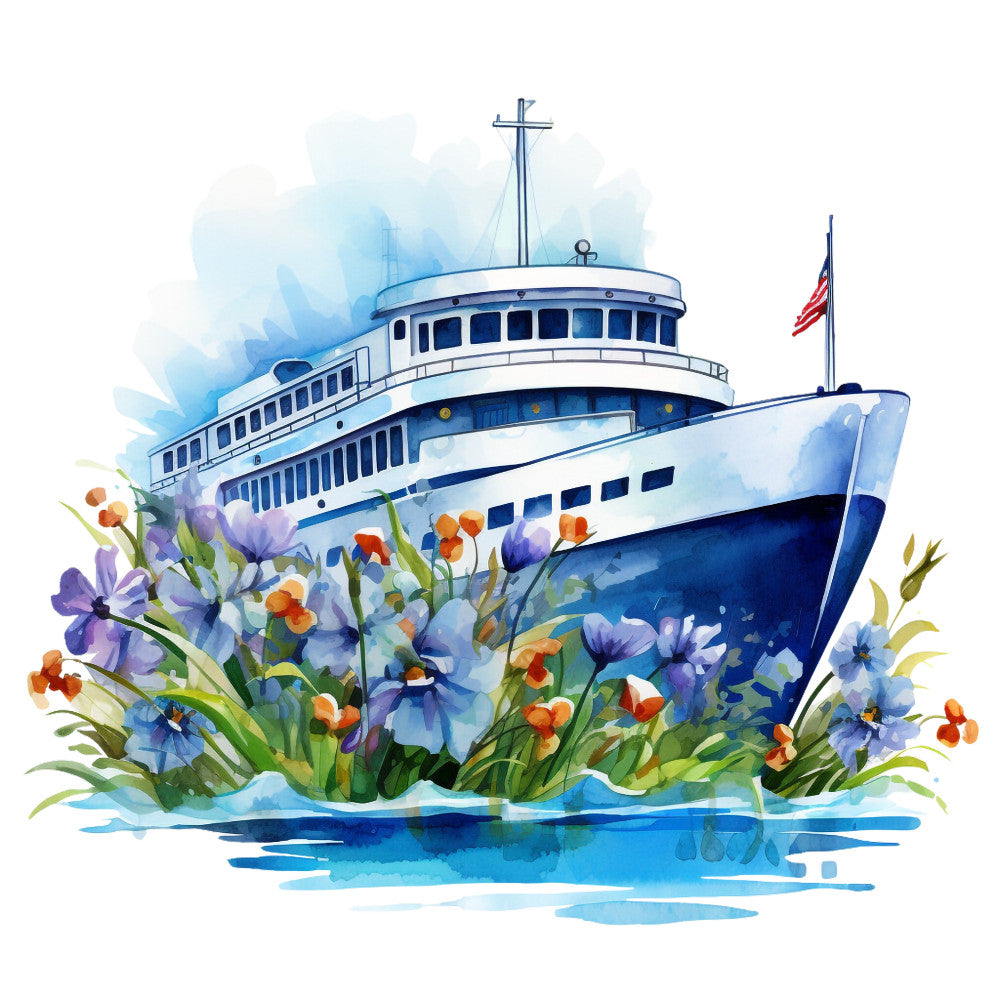 cruise ship, nautical theme, watercolor style, blue tones, white vessel, purple flowers, orange berries, green foliage, american flag, maritime scene, ocean waves, floral border, passenger ship, fabric panel, quilting cotton, boat illustration, coastal design, summer theme, travel motif, scenic artwork