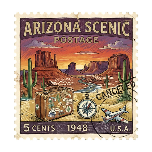 arizona, scenic, vintage postage, desert landscape, monument valley, saguaro cactus, travel theme, retro 1940s, southwestern, rust orange, burnt sienna, sand tan, sage green, terracotta, sunset colors, warm tones, compass rose, vintage suitcase, small airplane, travel stamps, wanderlust, adventure, Americana, nostalgic, rustic, ecru, cream background, novelty print, scenic travel, desert scene