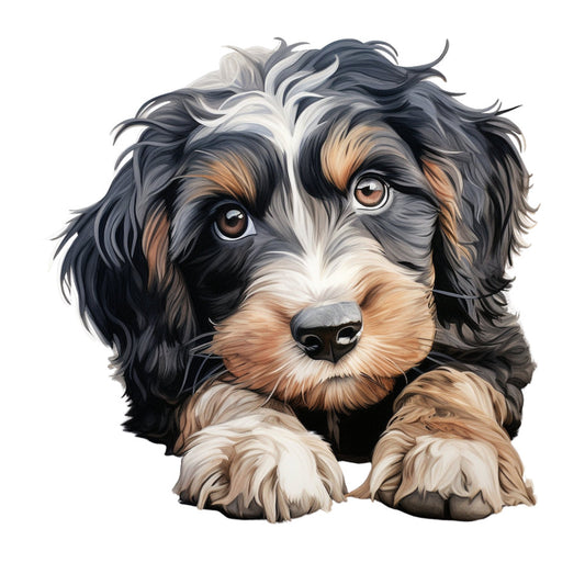 dog, spaniel, puppy, cute animals, pet portrait, black and tan, tricolor, white, cream, tan, brown, charcoal gray, animal lover, dog breeds, adorable, whimsical, friendly, companion animals, pet themed, illustration style, realistic, detailed, expressive eyes, playful, children's design, animal illustration, dog lover gift, family friendly, heartwarming, nursery decor