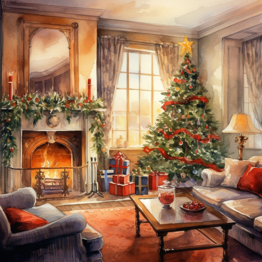 christmas tree, fireplace scene, warm orange, golden yellow, red ribbon, green foliage, wrapped presents, cozy interior, holiday garland, fabric panel, winter scene, festive decorations, living room, warm lighting, christmas ornaments, seasonal panel, quilting fabric, holiday crafting, pine tree, gift boxes